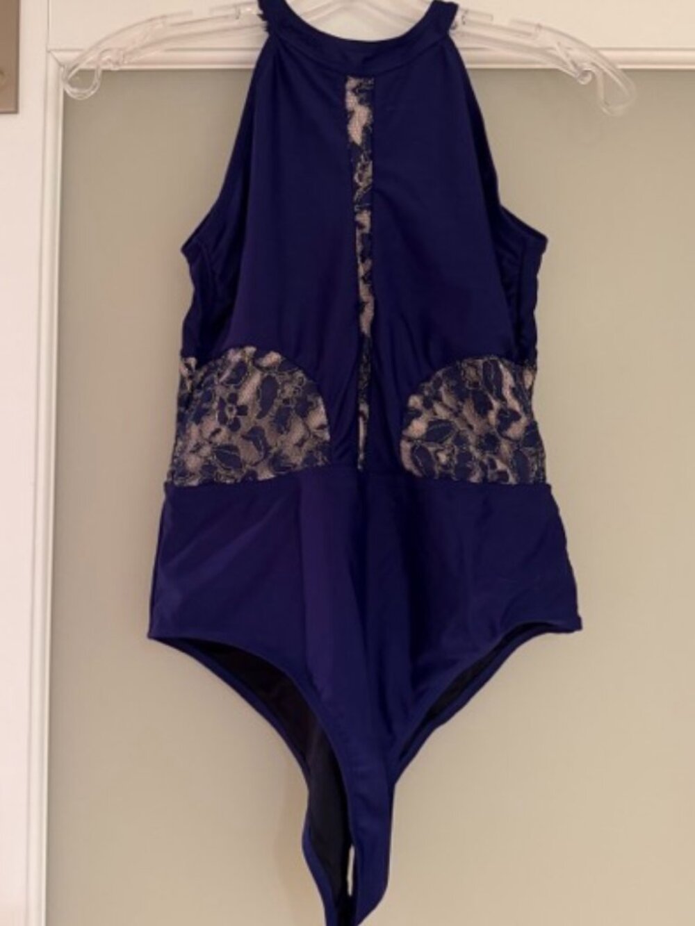 Navy blue one piece high neck wih mesh nude cutout detail and lining. Cupshe M